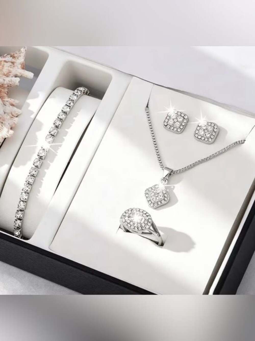 5 PC Set Sterling Silver Crystal Necklace Earrings Ring Set